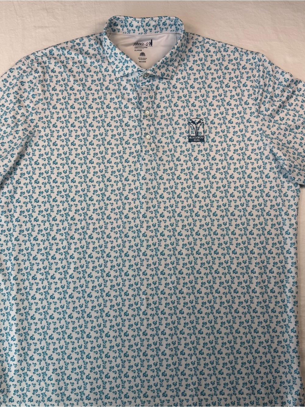 Johnnie-O Vern Performance Polo XL Peacock Print Blackwolf Run Golf UPF 50